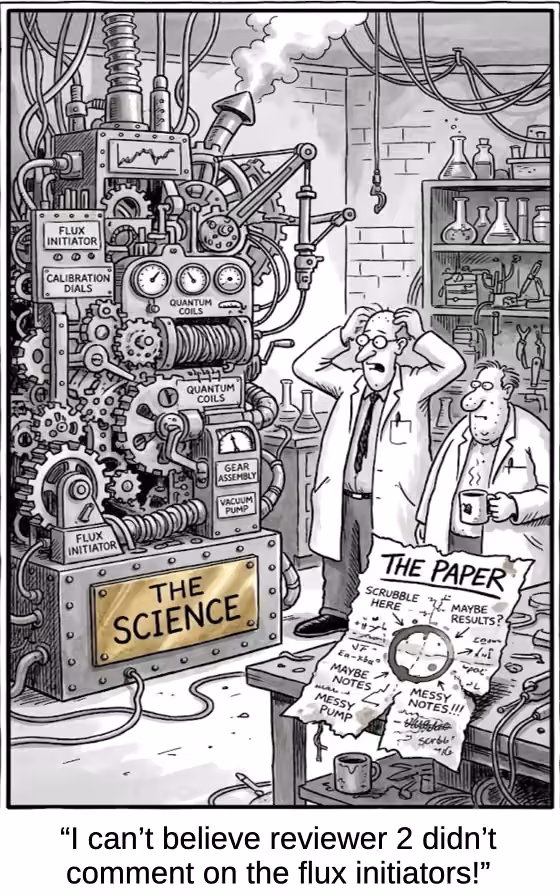 A cartoon of a scientist's shiny machine and a beat-up paper. Caption: I can’t believe reviewer 2 didn’t comment on the flux initiators! Designed and captioned by me, rendered by Gemini.